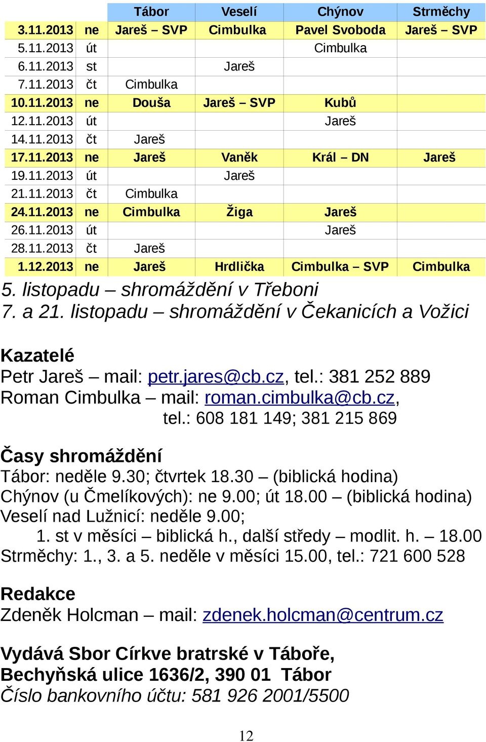 2013 ne Jareš Hrdlička Cimbulka SVP Cimbulka 5. listopadu shromáždění v Třeboni 7. a 21. listopadu shromáždění v Čekanicích a Vožici Kazatelé Petr Jareš mail: petr.jares@cb.cz, tel.