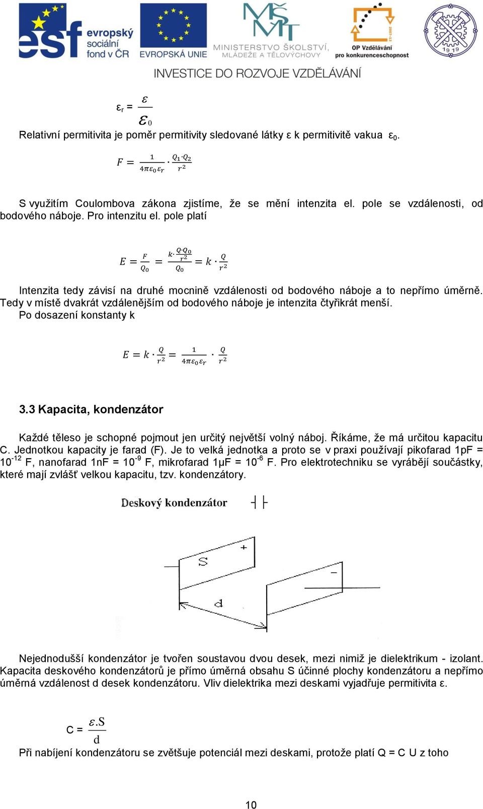 Tedy v místě dvakrát vzdálenějším od bodového náboje je intenzita čtyřikrát menší. Po dosazení konstanty k E = k Q r 2 = 4πε 0 ε r Q r 2 3.