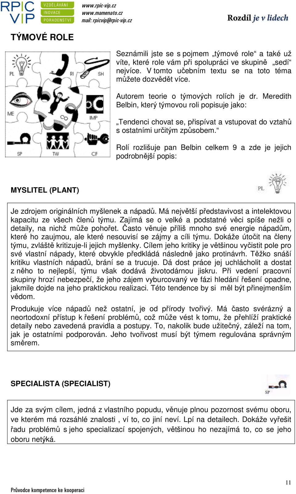 Rolí rozlišuje pan Belbin celkem 9 a zde je jejich podrobnější popis: MYSLITEL (PLANT) Je zdrojem originálních myšlenek a nápadů. Má největší představivost a intelektovou kapacitu ze všech členů týmu.