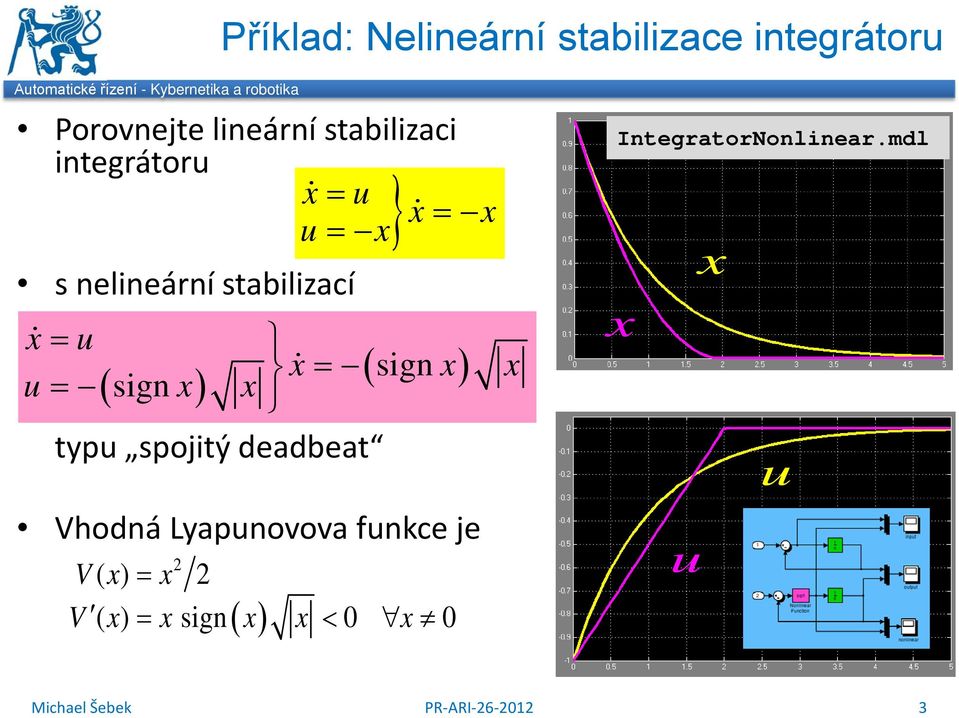 ( ) ( sign x) x u sign x x = = typu spojitý deadbeat Vhodná Lyapunovova