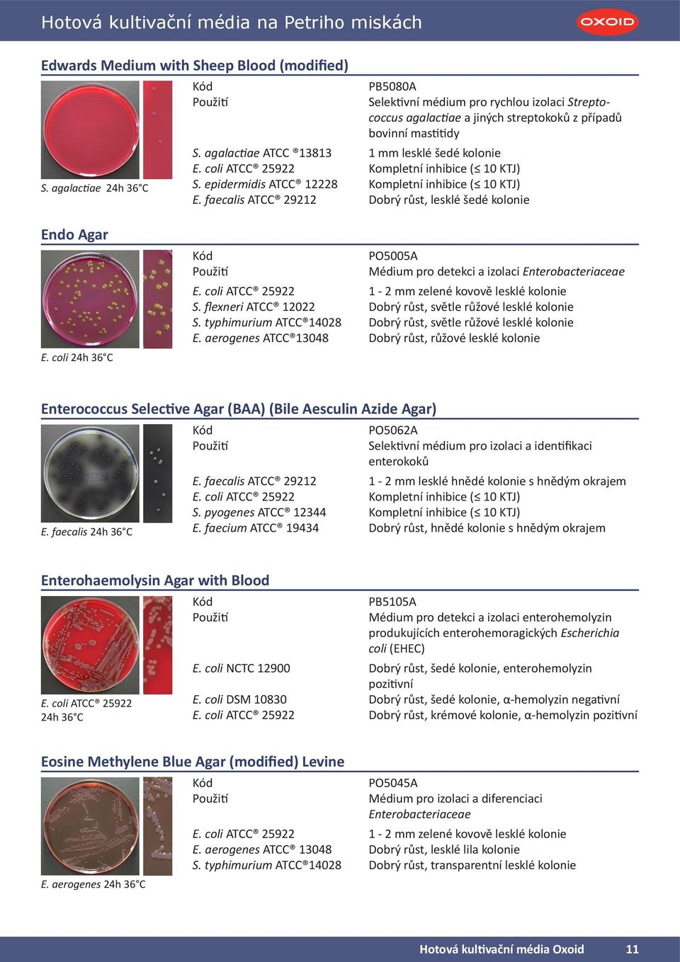 epidermidis ATCC 12228 Kompletní inhibice ( 10 KTJ) E. faecalis ATCC 29212 Dobrý růst, lesklé šedé kolonie Endo Agar E. coli 24h 36 C PO5005A Médium pro detekci a izolaci Enterobacteriaceae E.