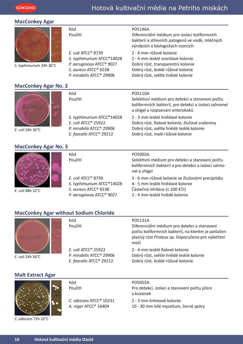 typhimurium ATCC 14028 2-4 mm lesklé oranžové kolonie P. aeruginosa ATCC 9027 Dobrý růst, transparentní kolonie S. aureus ATCC 6538 Dobrý růst, lesklé růžové kolonie P.