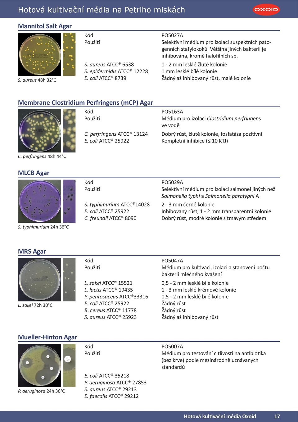 coli ATCC 8739 Žádný až inhibovaný růst, malé kolonie Membrane Clostridium Perfringens (mcp) Agar PO5163A Médium pro izolaci Clostridium perfringens ve vodě C.