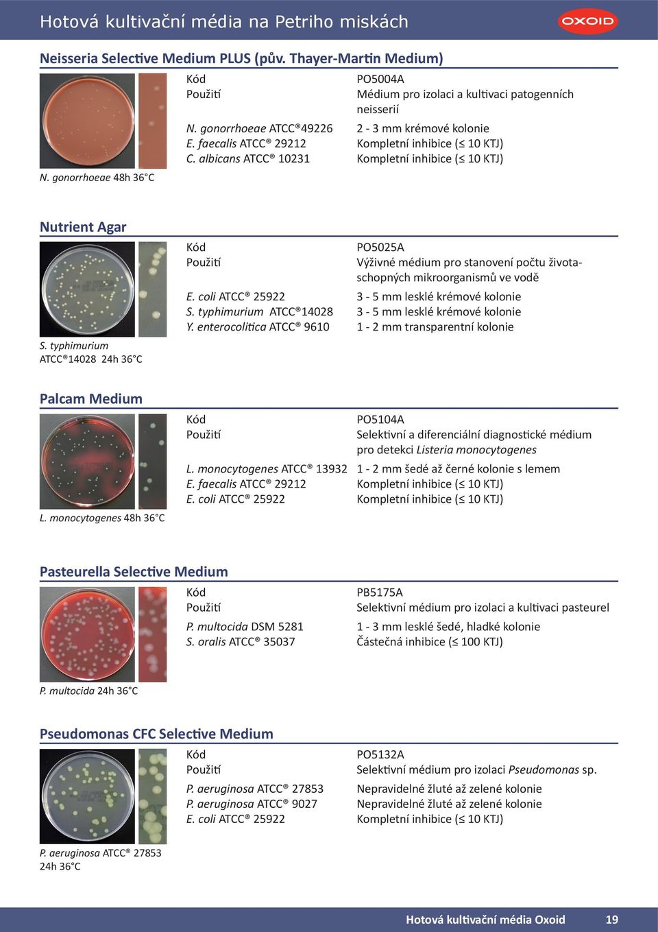 typhimurium ATCC 14028 24h 36 C Palcam Medium L. monocytogenes 48h 36 C PO5025A Výživné médium pro stanovení počtu životaschopných mikroorganismů ve vodě E.