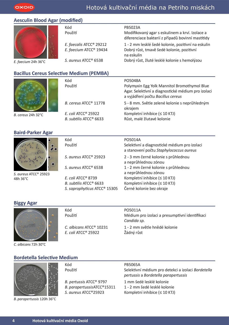 faecium ATCC 19434 Dobrý růst, tmavě šedé kolonie, pozitivní na eskulin S. aureus ATCC 6538 Dobrý růst, žluté lesklé kolonie s hemolýzou PO5048A Polymyxin Egg Yolk Mannitol Bromothymol Blue Agar.