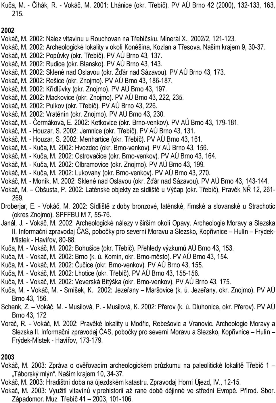 PV AÚ Brno 43, 143. Vokáč, M. 2002: Sklené nad Oslavou (okr. Žďár nad Sázavou). PV AÚ Brno 43, 173. Vokáč, M. 2002: Rešice (okr. Znojmo). PV AÚ Brno 43, 186-187. Vokáč, M. 2002: Křídlůvky (okr.