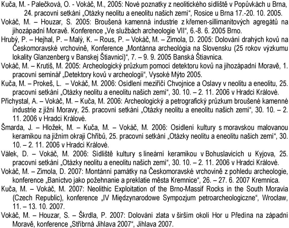 Zimola, D. 2005: Dolování drahých kovů na Českomoravské vrchovině, Konference Montánna archeológia na Slovensku (25 rokov výzkumu lokality Glanzenberg v Banskej Štiavnici), 7. 9.