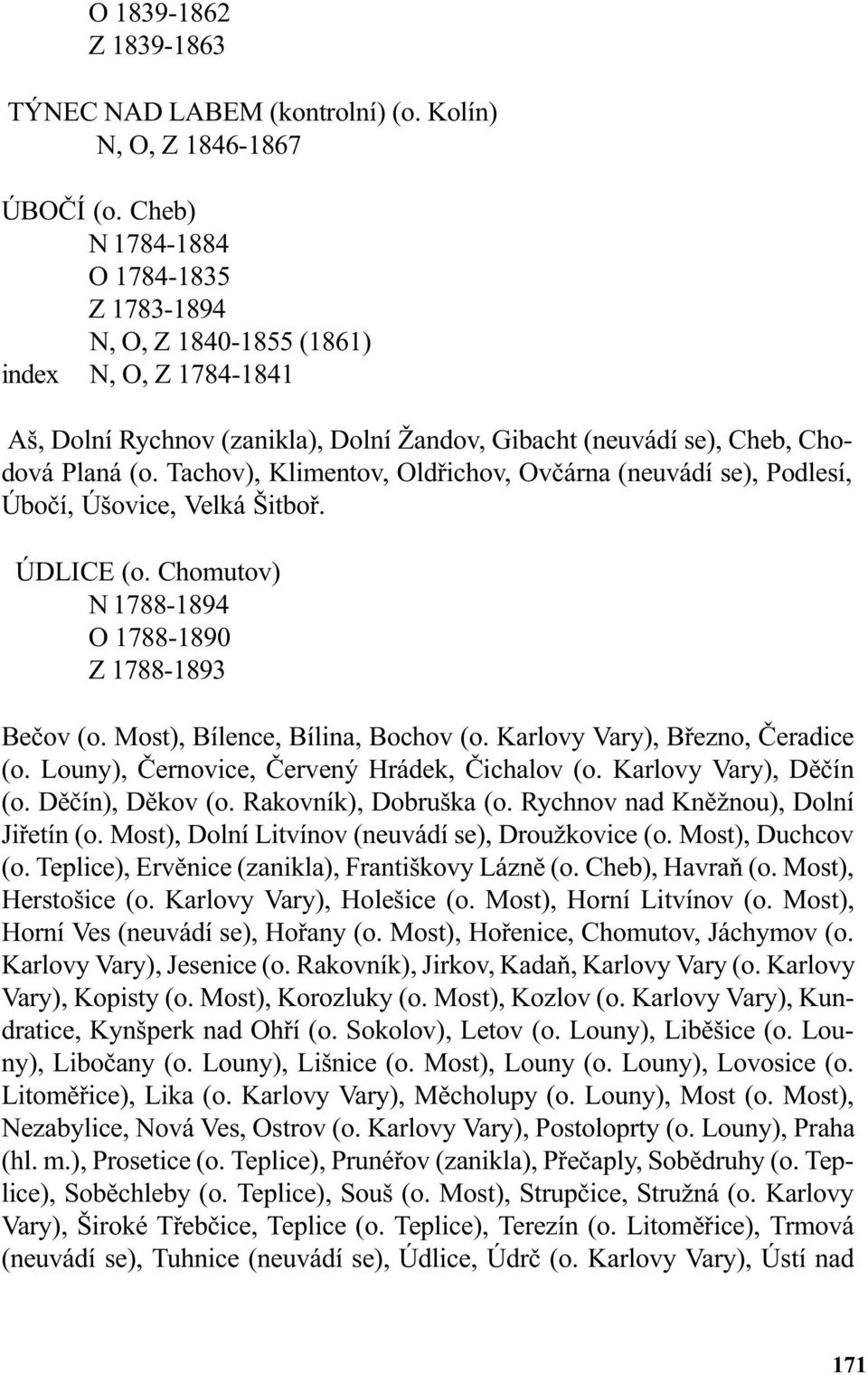 Tachov), Klimentov, Oldøichov, Ovèárna (neuvádí se), Podlesí, Úboèí, Úšovice, Velká Šitboø. ÚDLICE (o. Chomutov) N 1788-1894 O 1788-1890 Z 1788-1893 Beèov (o. Most), Bílence, Bílina, Bochov (o.