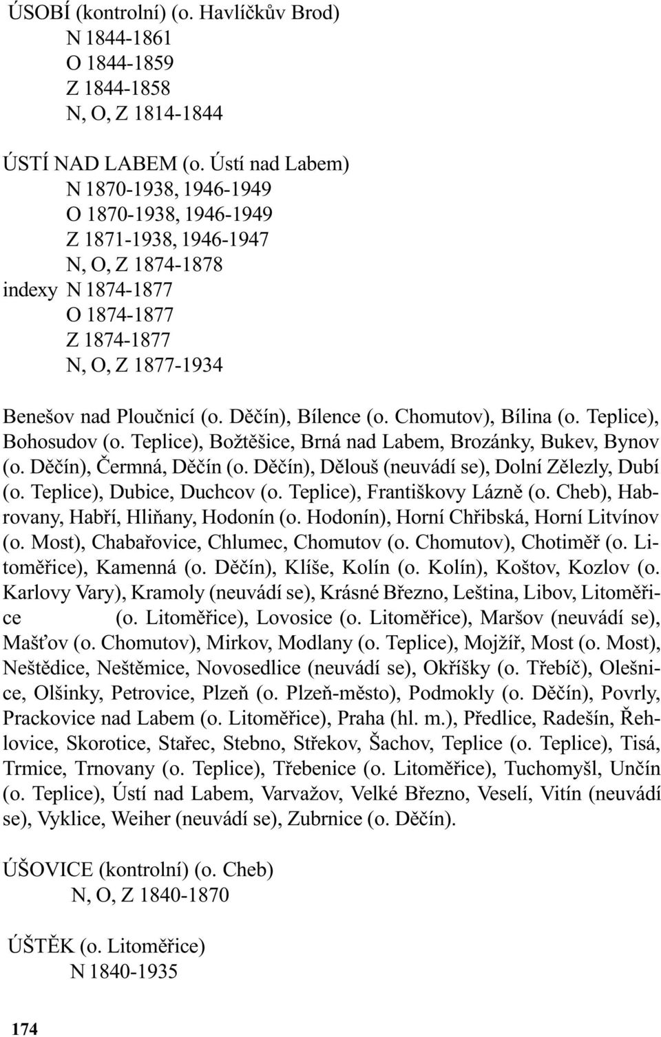 Dìèín), Bílence (o. Chomutov), Bílina (o. Teplice), Bohosudov (o. Teplice), Božtìšice, Brná nad Labem, Brozánky, Bukev, Bynov (o. Dìèín), Èermná, Dìèín (o.