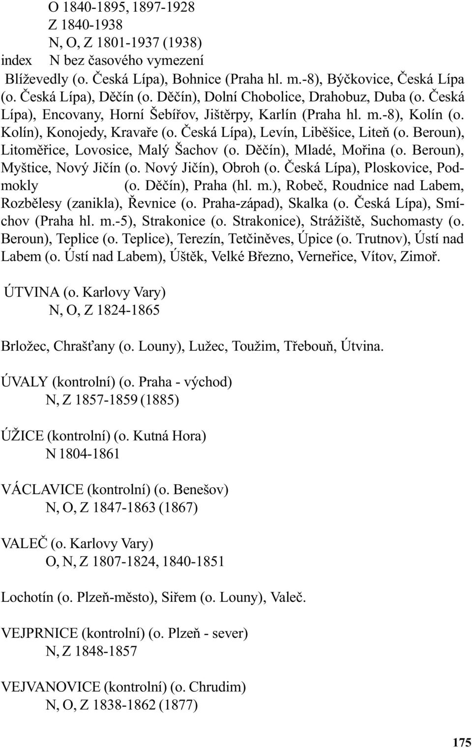 Beroun), Litomìøice, Lovosice, Malý Šachov (o. Dìèín), Mladé, Moøina (o. Beroun), Myštice, Nový Jièín (o. Nový Jièín), Obroh (o. Èeská Lípa), Ploskovice, Podmokly (o. Dìèín), Praha (hl. m.