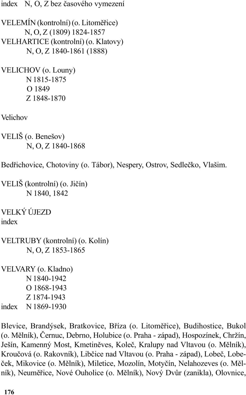 Jièín) N 1840, 1842 VELKÝ ÚJEZD index VELTRUBY (kontrolní) (o. Kolín) N, O, Z 1853-1865 VELVARY (o.