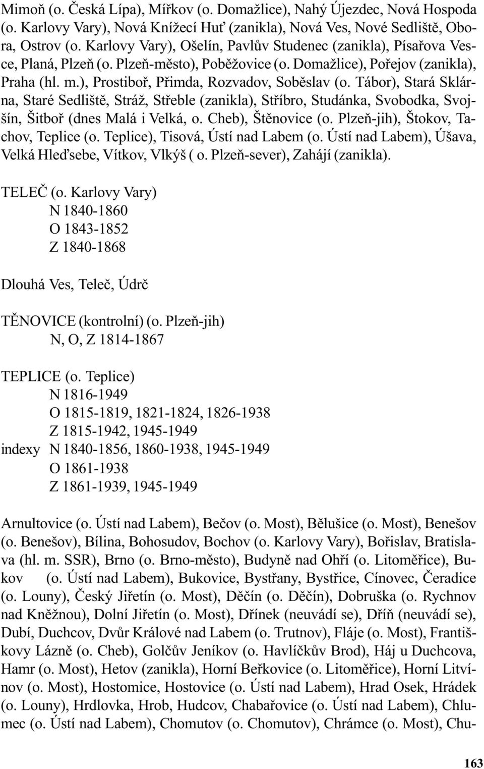 Tábor), Stará Sklárna, Staré Sedlištì, Stráž, Støeble (zanikla), Støíbro, Studánka, Svobodka, Svojšín, Šitboø (dnes Malá i Velká, o. Cheb), Štìnovice (o. Plzeò-jih), Štokov, Tachov, Teplice (o.