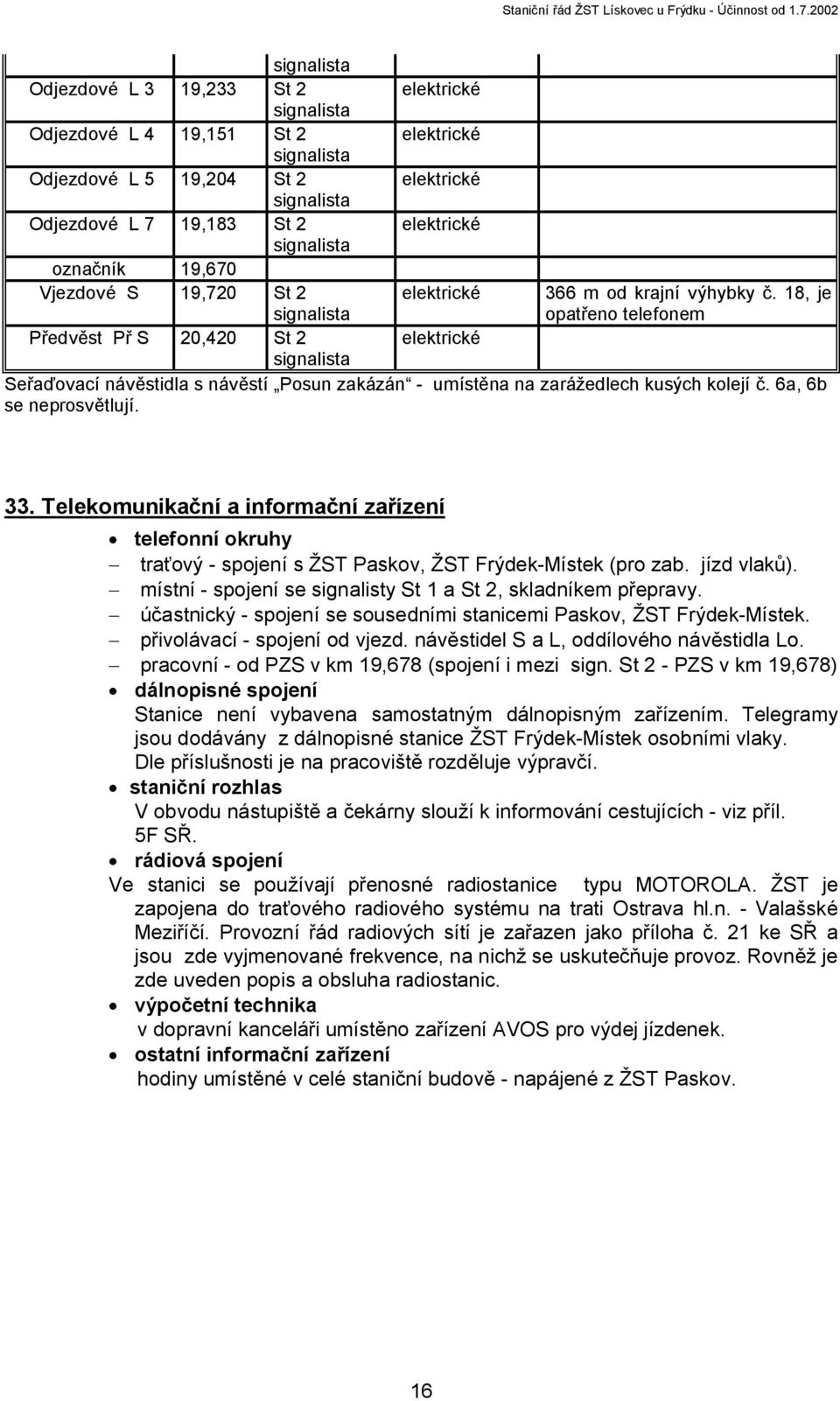 Telekomunikační a informační zařízení telefonní okruhy traťový - spojení s ŽST Paskov, ŽST Frýdek-Místek (pro zab. jízd vlaků). místní - spojení se signalisty St 1 a St 2, skladníkem přepravy.