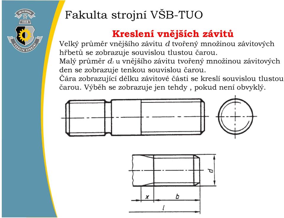 Malý průměr d1 u vnějšího závitu tvořený množinou závitových den se zobrazuje tenkou