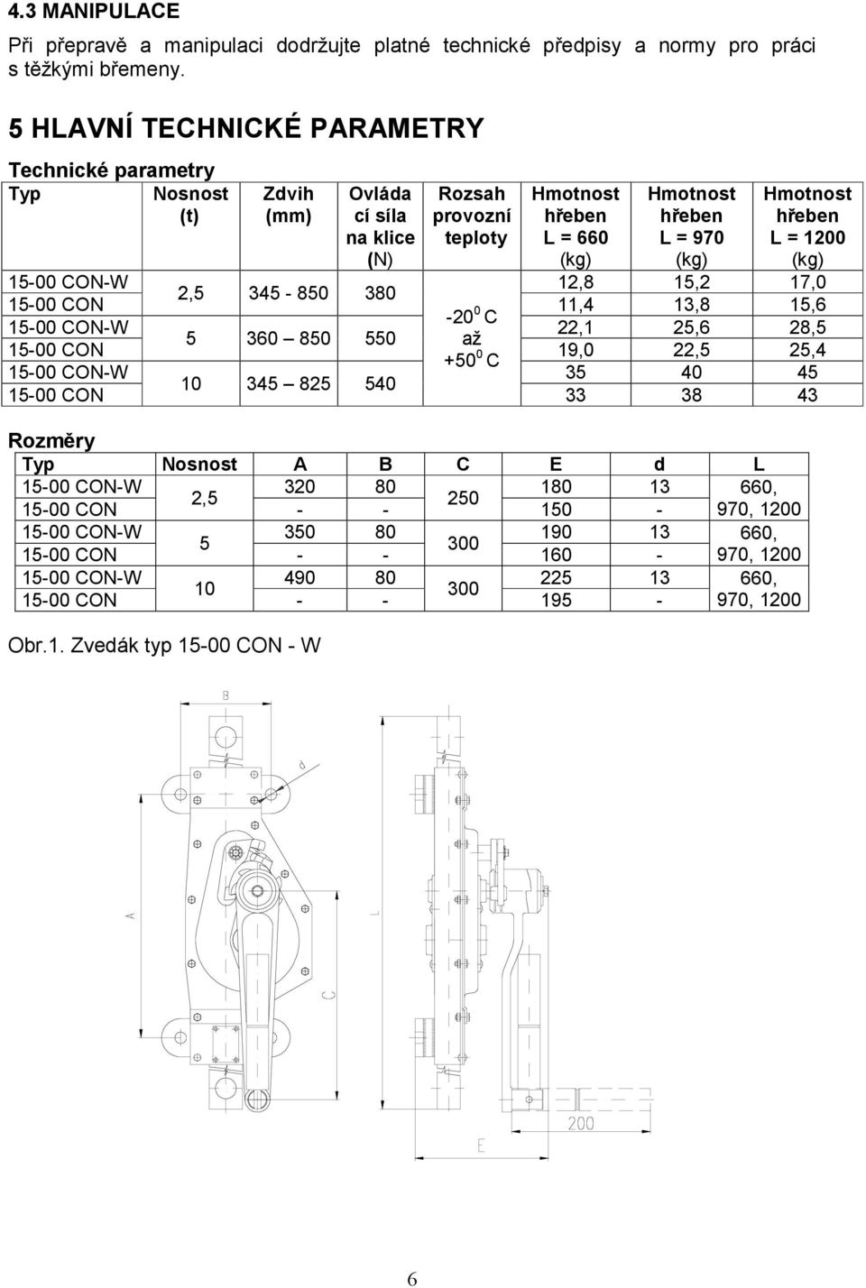 hřeben L = 1200 (kg) 15-00 CON-W 12,8 15,2 17,0 2,5 345-850 380 15-00 CON -20 0 11,4 13,8 15,6 C 15-00 CON-W 22,1 25,6 28,5 5 360 850 550 až 15-00 CON +50 0 19,0 22,5 25,4 C 15-00 CON-W 35 40 45 10