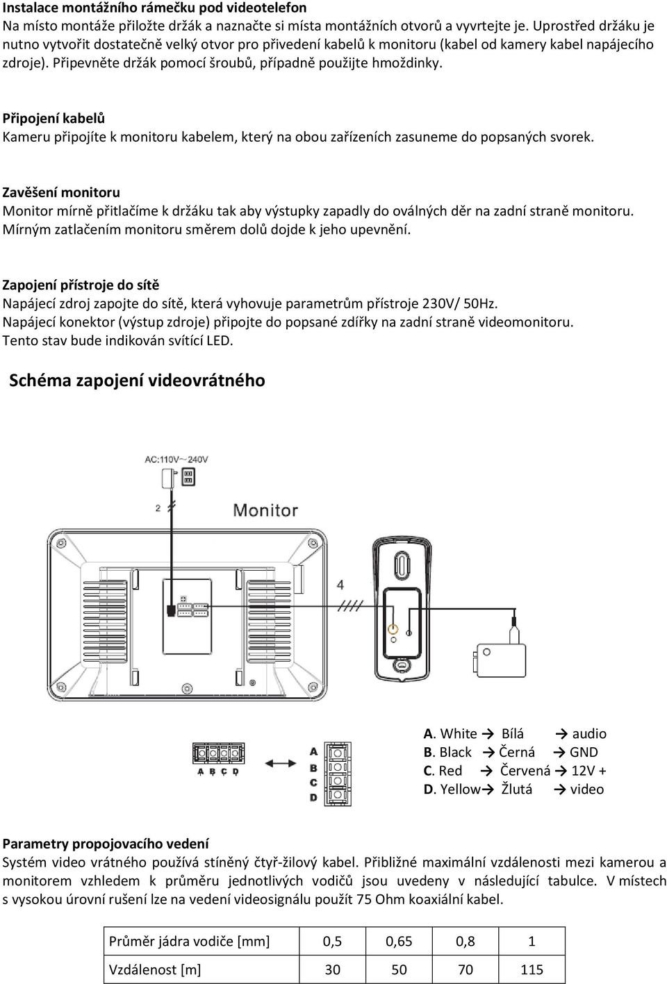 Připojení kabelů Kameru připojíte k monitoru kabelem, který na obou zařízeních zasuneme do popsaných svorek.