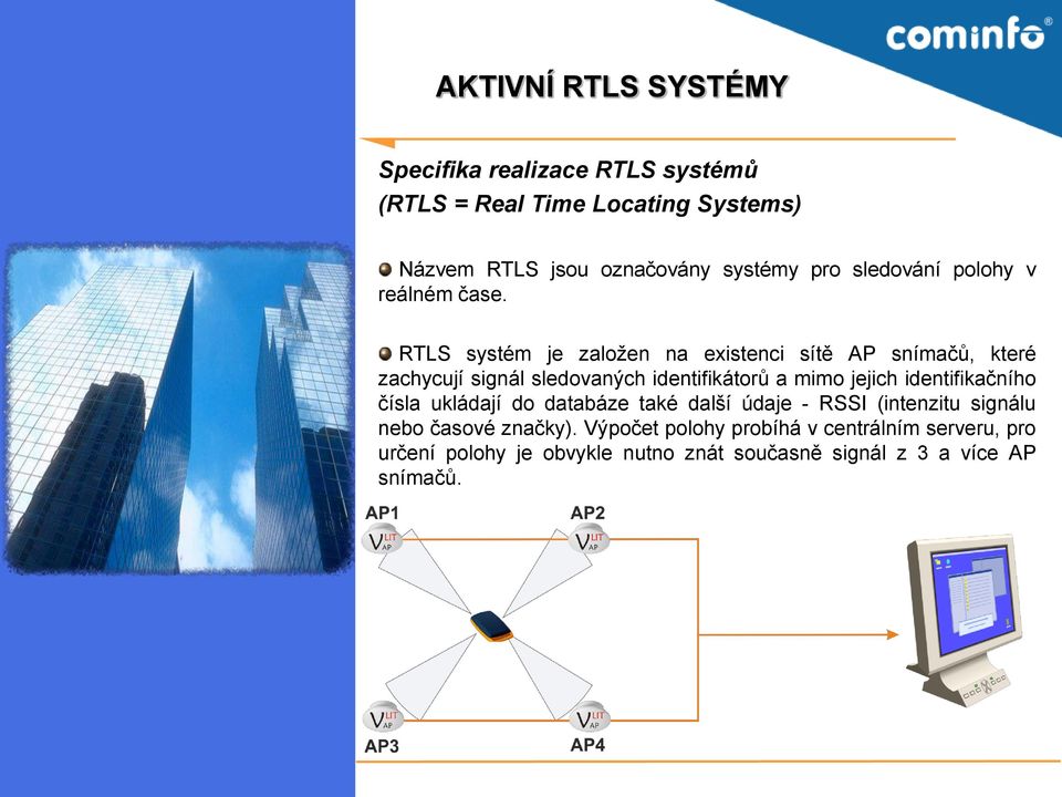 RTLS systém je založen na existenci sítě AP snímačů, které zachycují signál sledovaných identifikátorů a mimo jejich