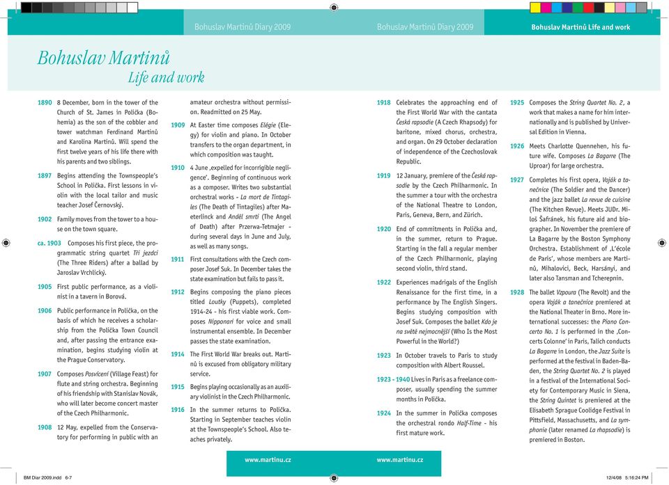 1897 Begins attending the Townspeople s School in Polička. First lessons in violin with the local tailor and music teacher Josef Černovský.