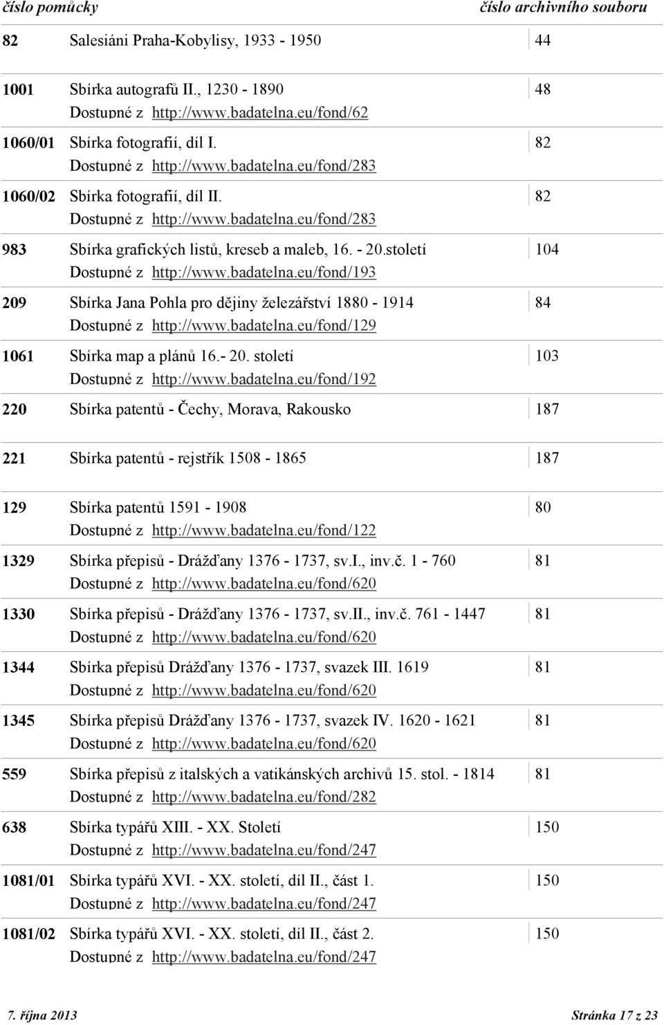 badatelna.eu/fond/129 1061 Sbírka map a plánů 16.- 20. století 103 Dostupné z http://www.badatelna.eu/fond/192 220 Sbírka patentů - Čechy, Morava, Rakousko 187 221 Sbírka patentů - rejstřík 1508-1865 187 129 Sbírka patentů 1591-1908 80 Dostupné z http://www.