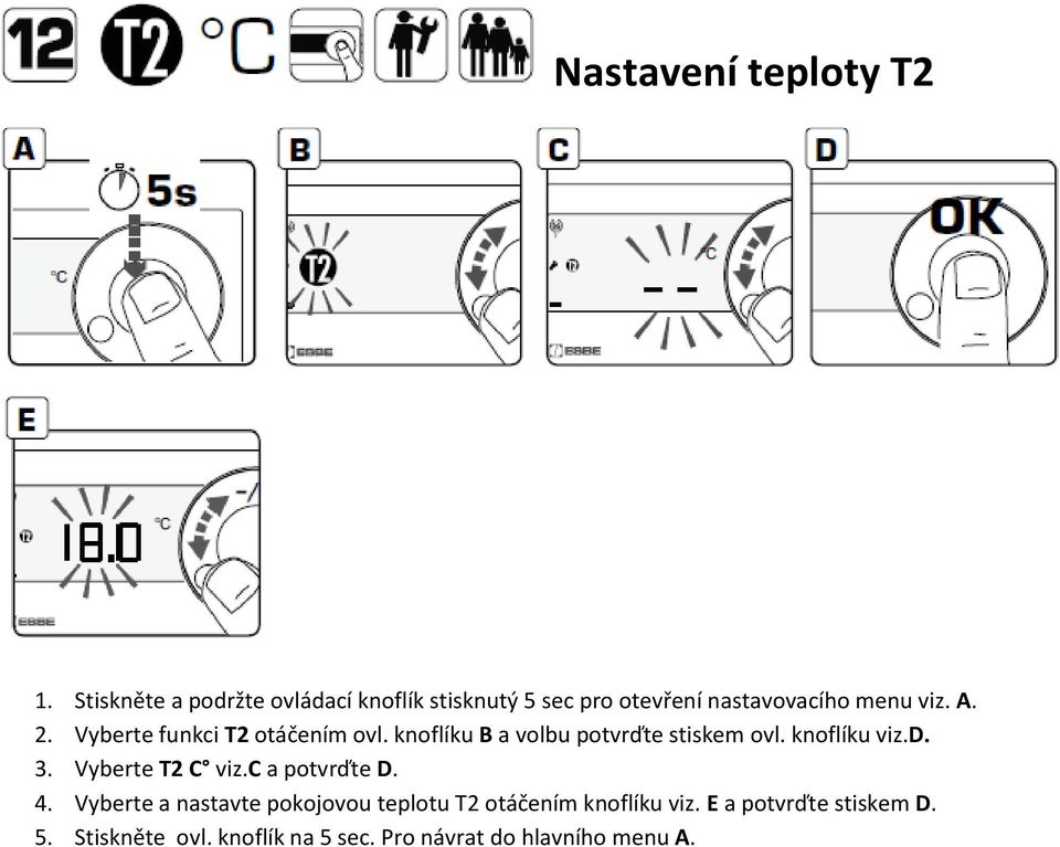 Vyberte funkci T2 otáčením ovl. knoflíku B a volbu potvrďte stiskem ovl. knoflíku viz.d. 3.