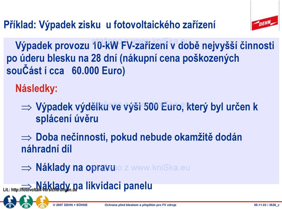 000 Euro) Následky: Výpadek výdělku ve výši 500 Euro, který byl určen k splácení úvěru Doba nečinnosti,