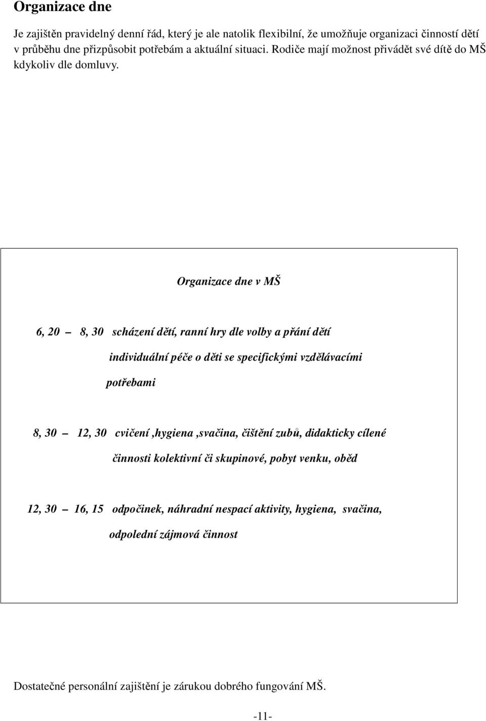 Organizace dne v MŠ 6, 20 8, 30 scházení dětí, ranní hry dle volby a přání dětí individuální péče o děti se specifickými vzdělávacími potřebami 8, 30 12, 30