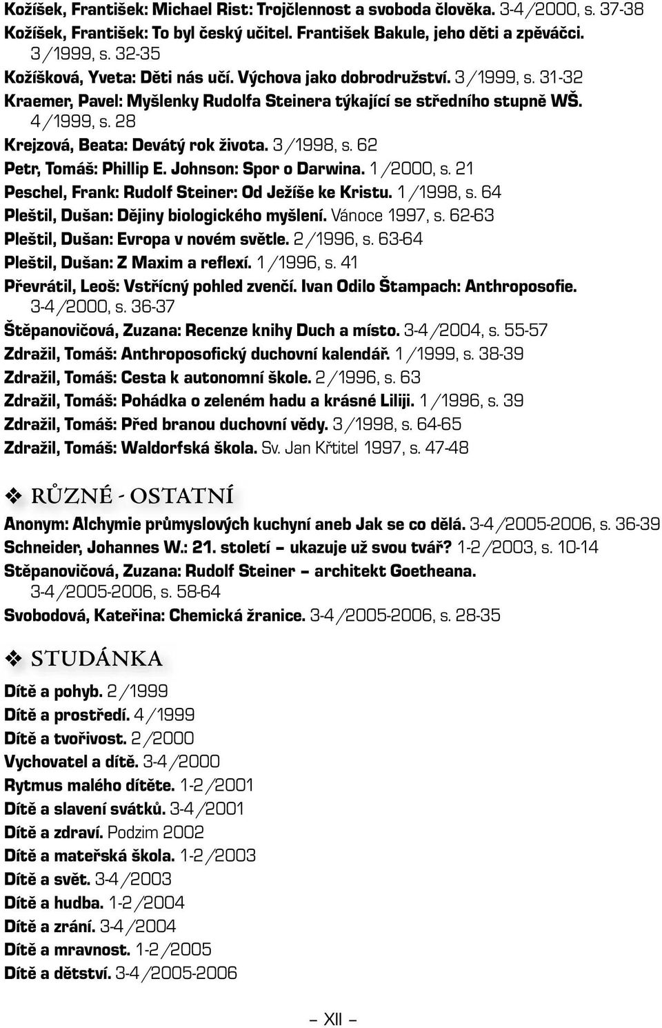 28 Krejzová, Beata: Devátý rok života. 3/1998, s. 62 Petr, Tomáš: Phillip E. Johnson: Spor o Darwina. 1/2000, s. 21 Peschel, Frank: Rudolf Steiner: Od Ježíše ke Kristu. 1/1998, s.