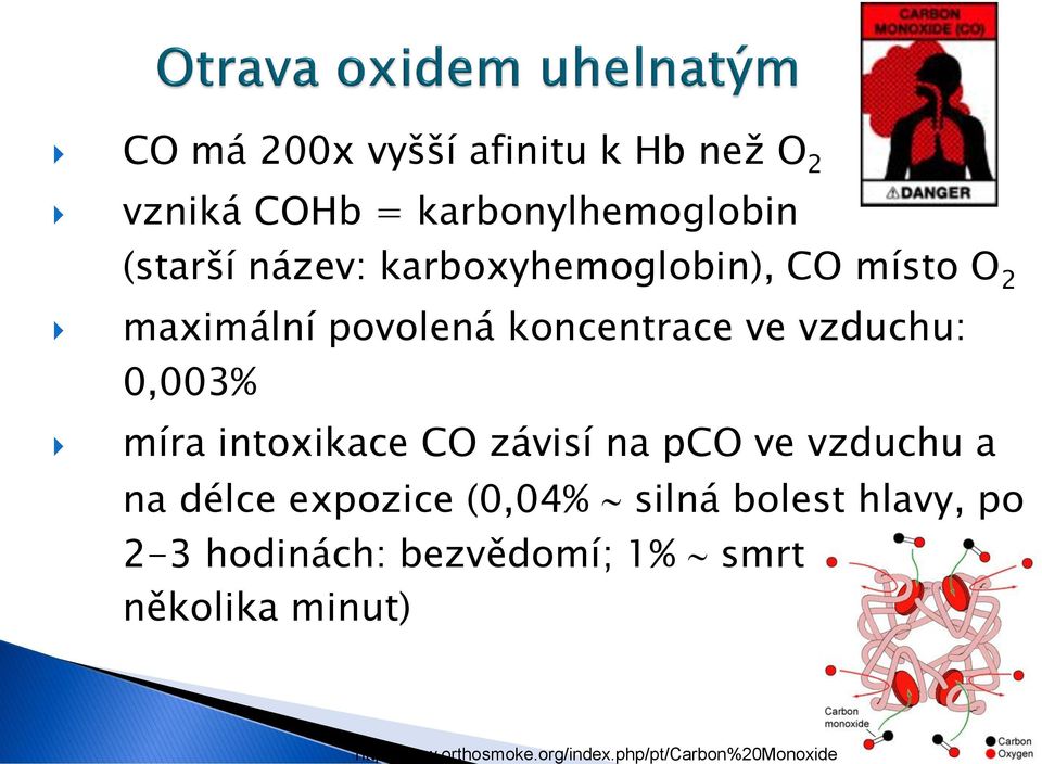 intoxikace CO závisí na pco ve vzduchu a na délce expozice (0,04% silná bolest hlavy, po 2-3