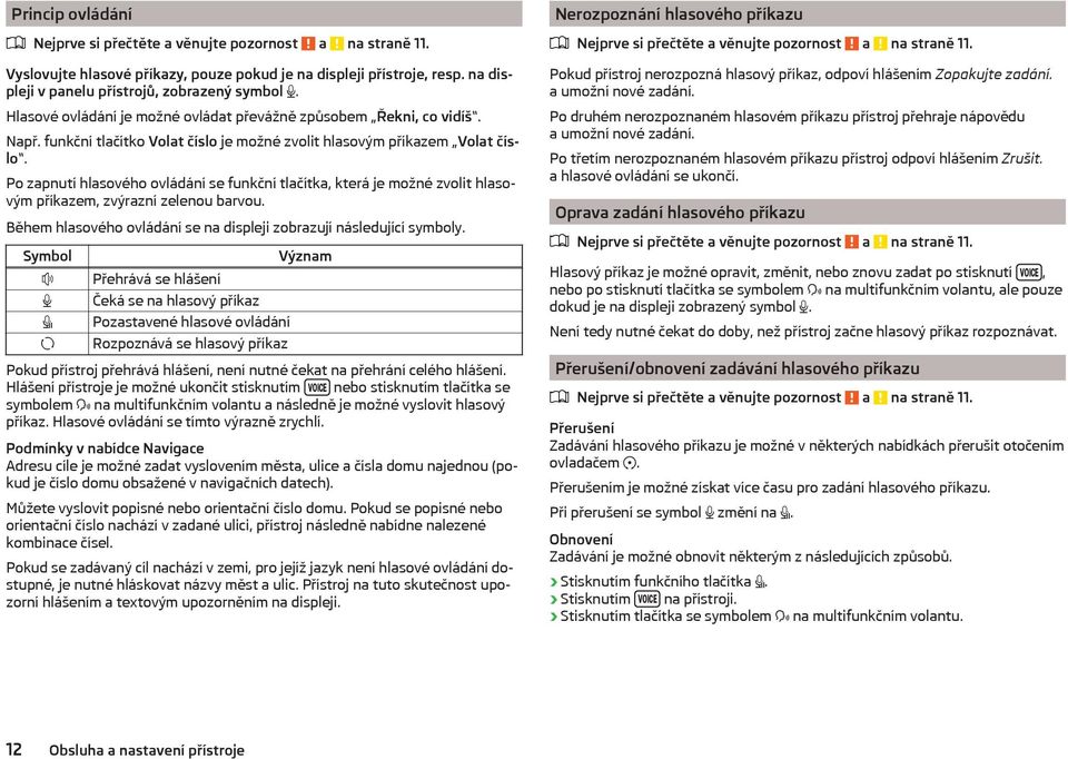 Po zapnutí hlasového ovládání se funkční tlačítka, která je možné zvolit hlasovým příkazem, zvýrazní zelenou barvou. Během hlasového ovládání se na displeji zobrazují následující symboly.