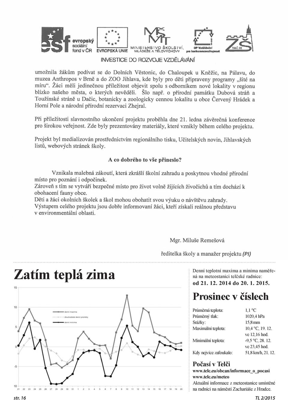 ve 12,16 hod. Minimální teplota: -9,5 C, 28. 12. ve 23,45 hod. Kdy nejvíce zafoukalo: 51,8 km/h, 21. 12. Počasí v Telči www.telc.