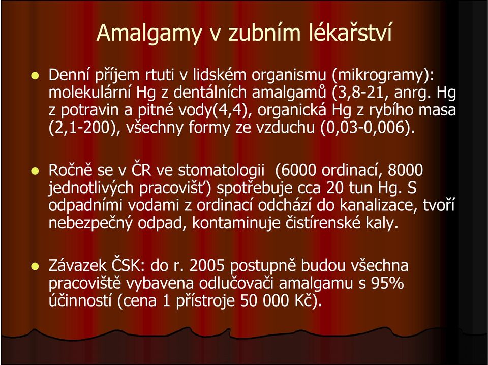 Ročně se v ČR ve stomatologii (6000 ordinací, 8000 jednotlivých pracovišť) spotřebuje cca 20 tun Hg.