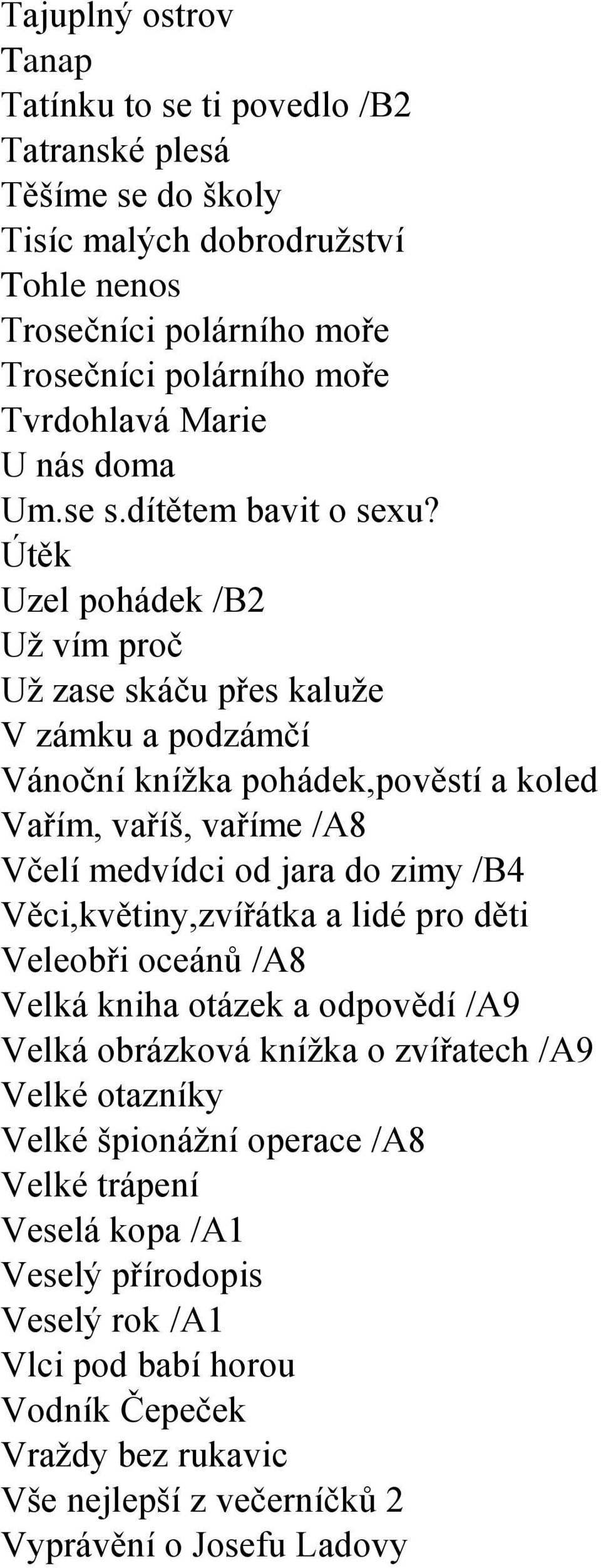 Útěk Uzel pohádek /B2 Uţ vím proč Uţ zase skáču přes kaluţe V zámku a podzámčí Vánoční kníţka pohádek,pověstí a koled Vařím, vaříš, vaříme /A8 Včelí medvídci od jara do zimy /B4