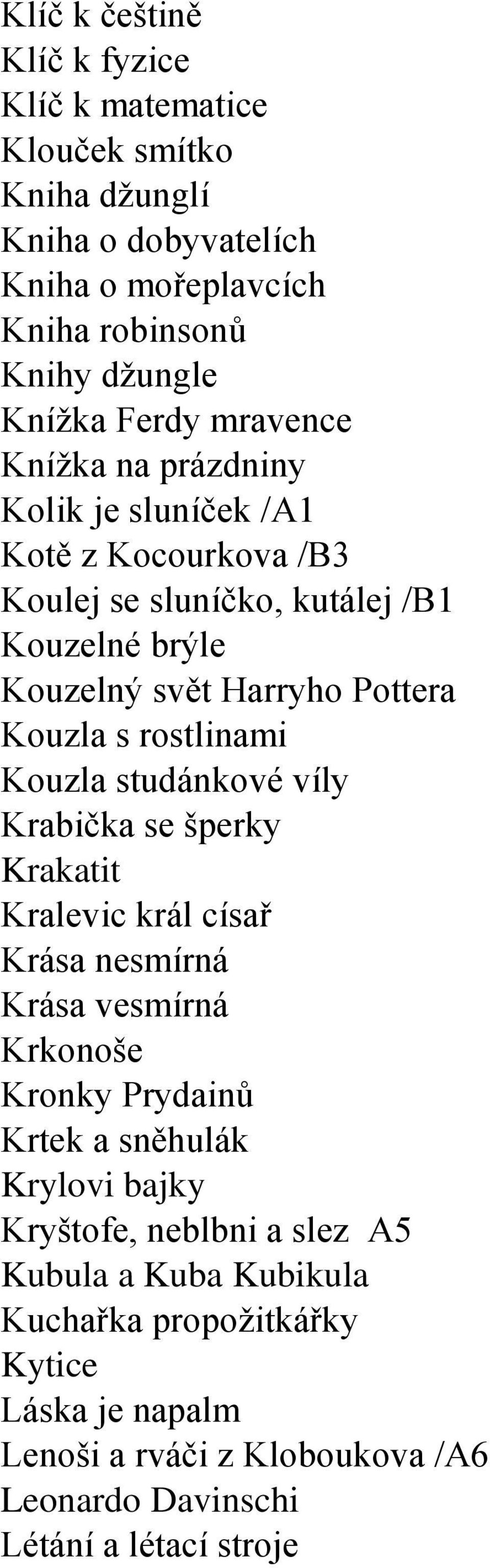 rostlinami Kouzla studánkové víly Krabička se šperky Krakatit Kralevic král císař Krása nesmírná Krása vesmírná Krkonoše Kronky Prydainů Krtek a sněhulák Krylovi