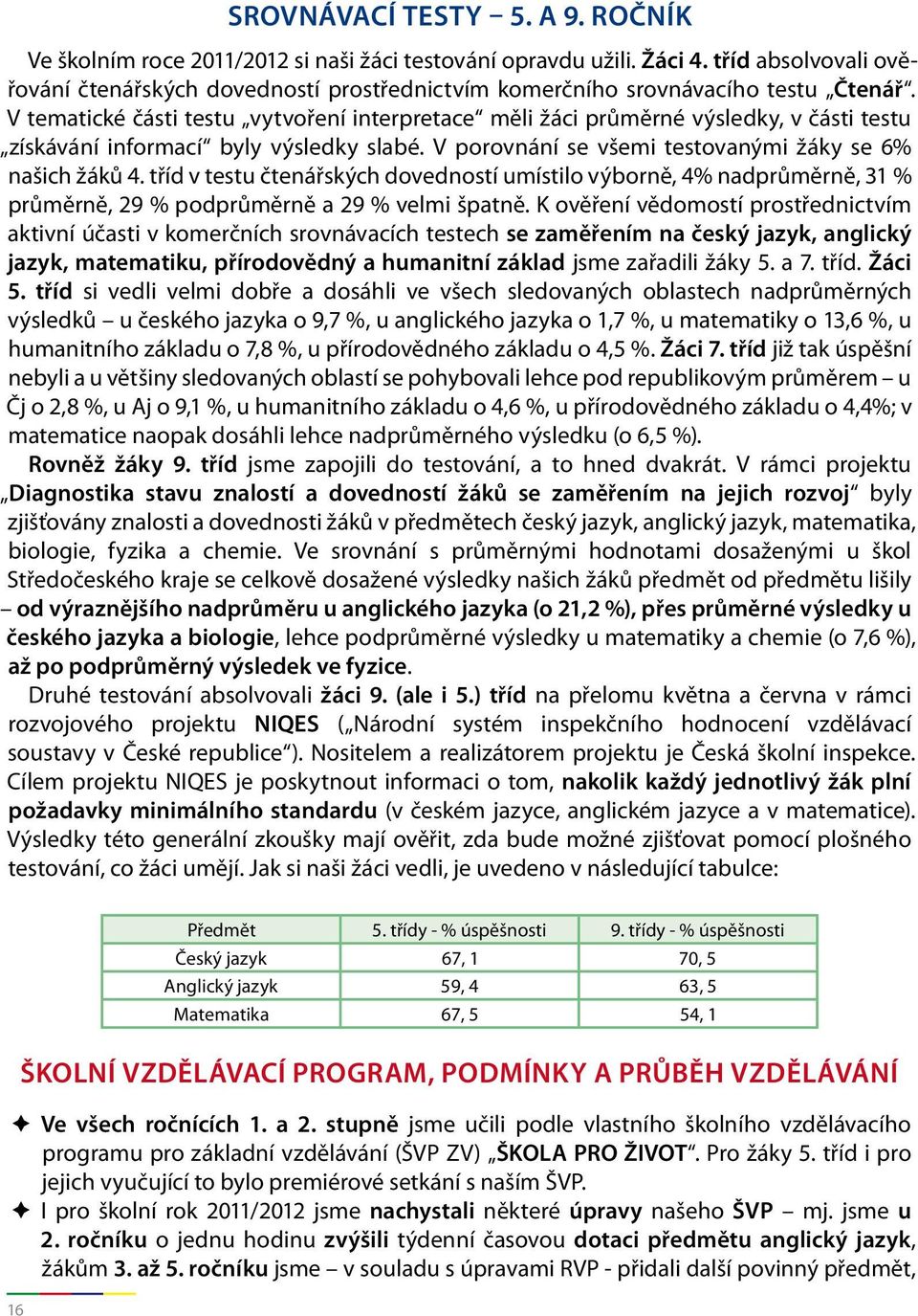 V tematické části testu vytvoření interpretace měli žáci průměrné výsledky, v části testu získávání informací byly výsledky slabé. V porovnání se všemi testovanými žáky se 6% našich žáků 4.