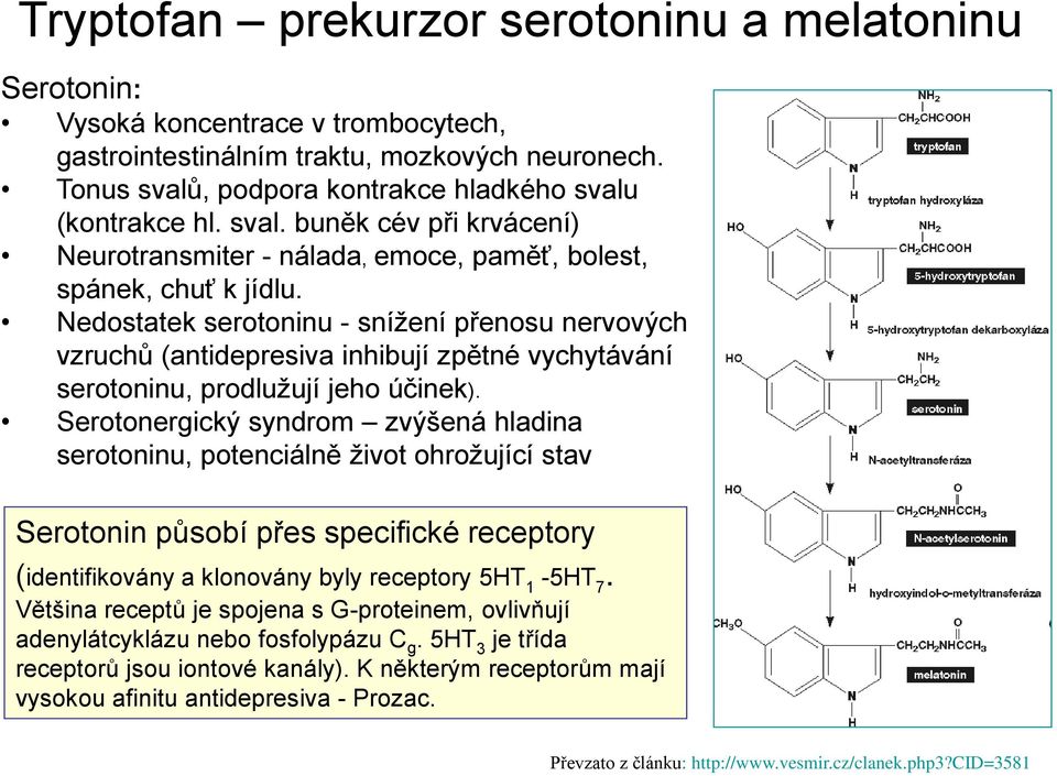 Nedostatek serotoninu - snížení přenosu nervových vzruchů (antidepresiva inhibují zpětné vychytávání serotoninu, prodlužují jeho účinek).