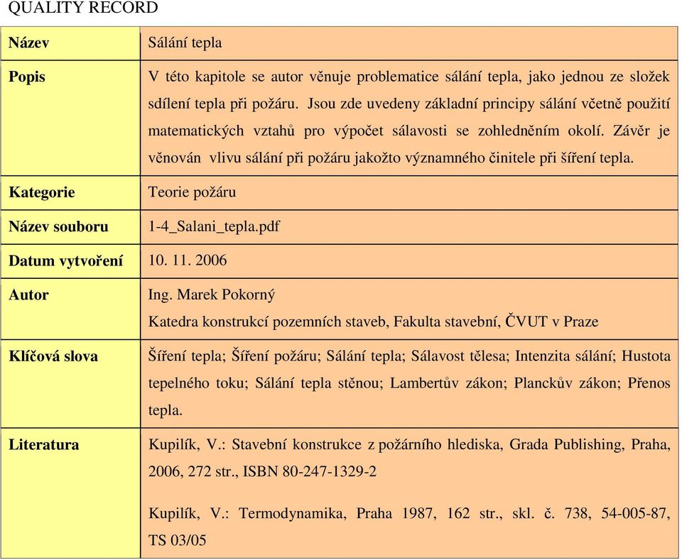 Závěr je věnován vlivu sálání při požáru jakožto význaného činitele při šíření tepla. Teorie požáru -_Salani_tepla.pdf Datu vytvoření.. 6 Autor Klíčová slova Literatura Ing.