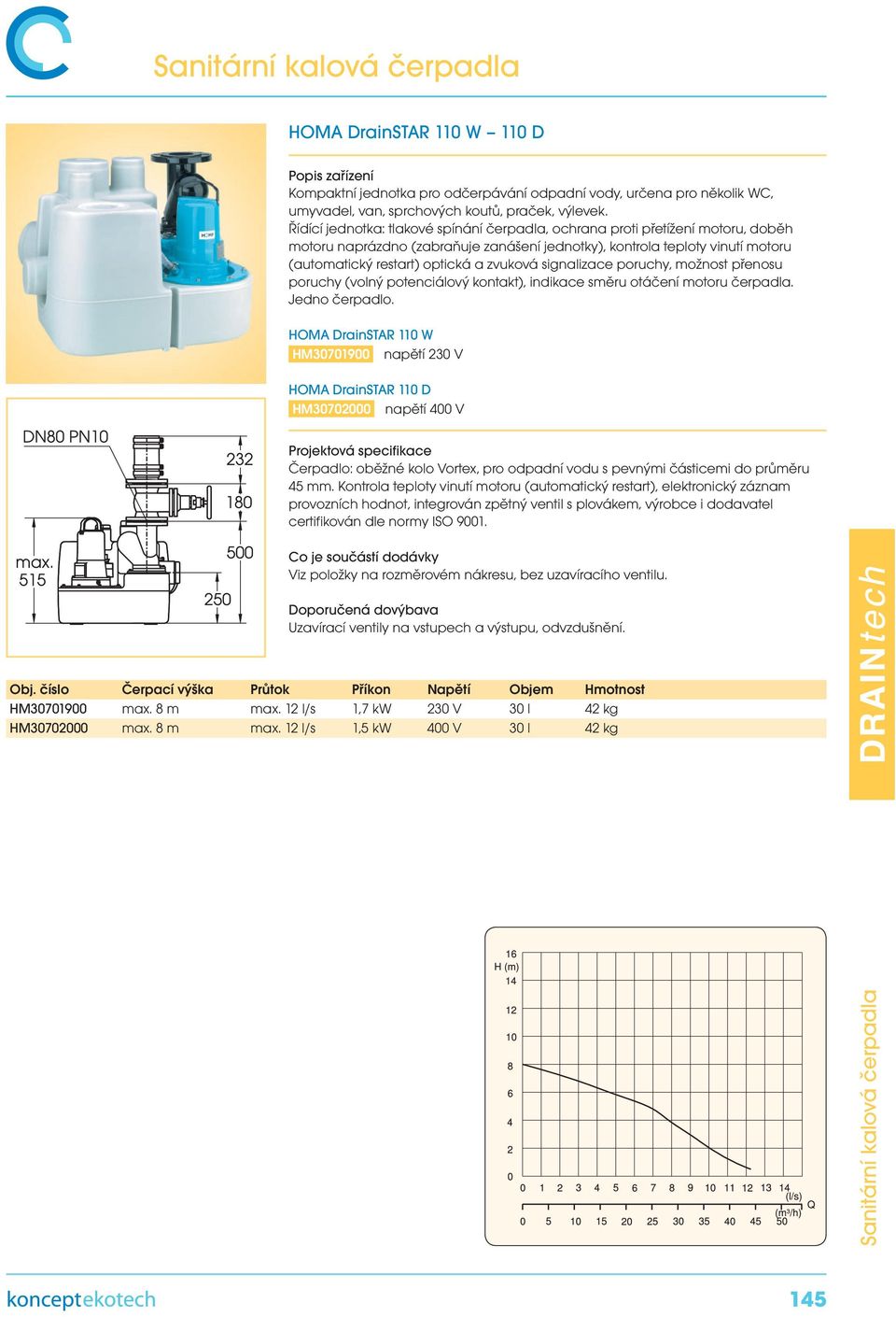 indikace směru otáčení motoru čerpadla. Jedno čerpadlo. HOMA DrainSTAR 110 W HM30701900 napětí 230 V HOMA DrainSTAR 110 D HM30702000 napětí 400 V 45 mm.