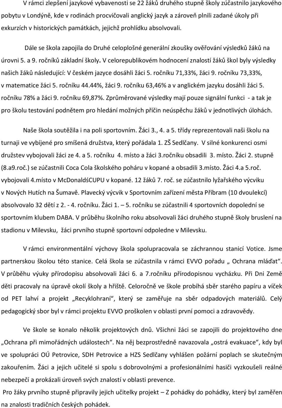 V celorepublikovém hodnocení znalostí žáků škol byly výsledky našich žáků následující: V českém jazyce dosáhli žáci 5. ročníku 71,33%, žáci 9. ročníku 73,33%, v matematice žáci 5. ročníku 44.