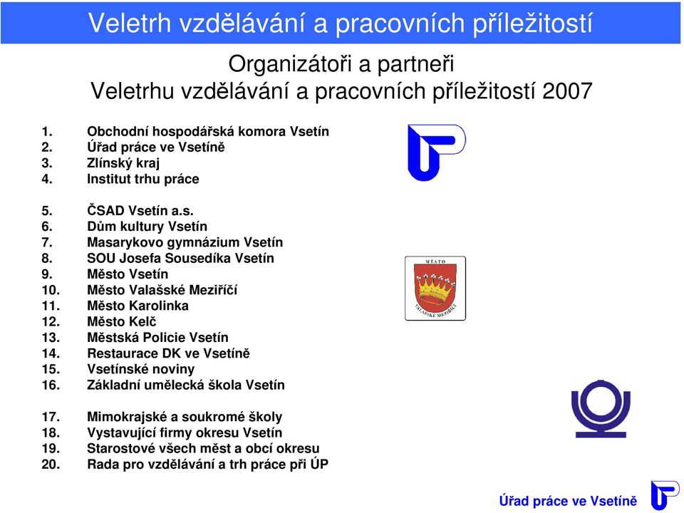 Město Valašské Meziříčí 11. Město Karolinka 12. Město Kelč 13. Městská Policie Vsetín 14. Restaurace DK ve Vsetíně 15. Vsetínské noviny 16.