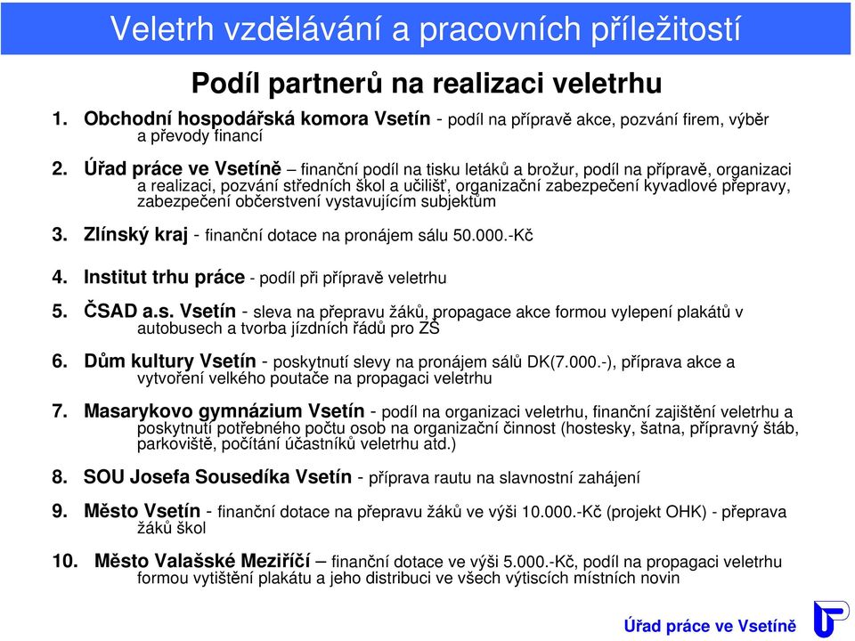 subjektům 3. Zlínský kraj - finanční dotace na pronájem sálu 50.000.-Kč 4. Institut trhu práce -podíl při přípravě veletrhu 5. ČSAD a.s. Vsetín - sleva na přepravu žáků, propagace akce formou vylepení plakátů v autobusech a tvorba jízdních řádů pro ZŠ 6.