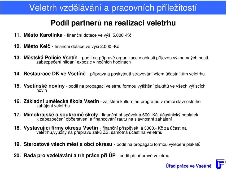 Restaurace DK ve Vsetíně -příprava a poskytnutí stravování všem účastníkům veletrhu 15. Vsetínské noviny - podíl na propagaci veletrhu formou vytištění plakátů ve všech výtiscích novin 16.