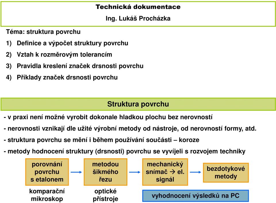 drsnosti povrchu Struktura povrchu - v praxi není možné vyrobit dokonale hladkou plochu be nerovností - nerovnosti vnikají dle užité výrobní metody od nástroje, od