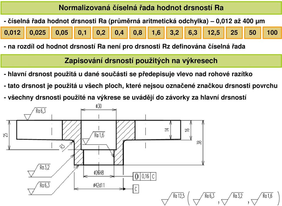 Zapisování drsností použitých na výkresech - hlavní drsnost použitá u dané součásti se předepisuje vlevo nad rohové raítko - tato drsnost