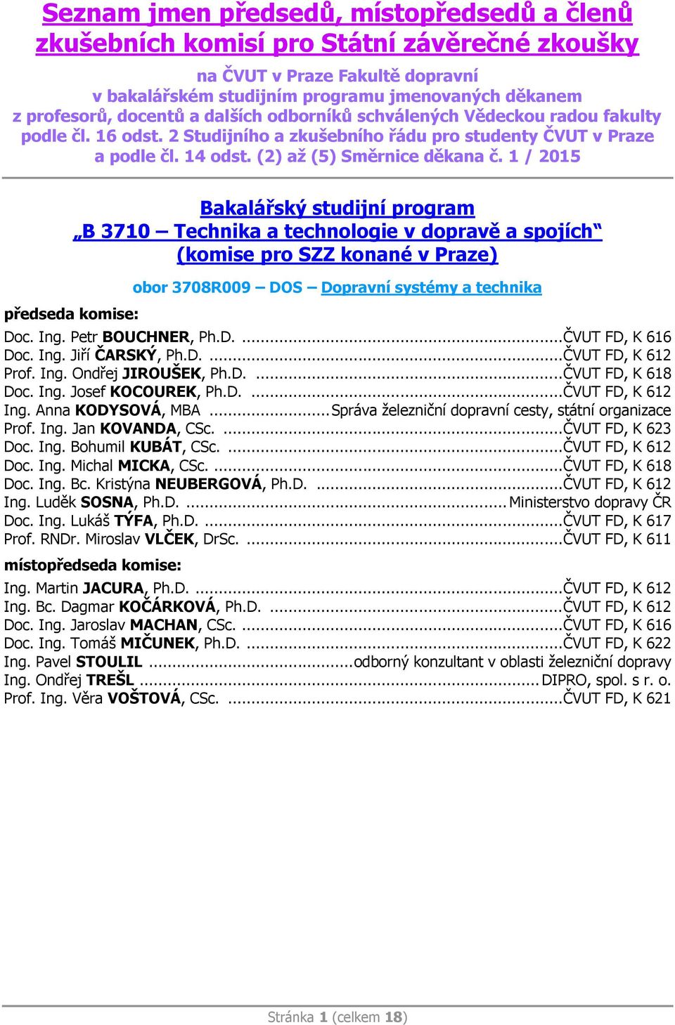 1 / 2015 Bakalářský studijní program B 3710 Technika a technologie v dopravě a spojích (komise pro SZZ konané v Praze) předseda komise: obor 3708R009 DOS Dopravní systémy a technika Doc. Ing.