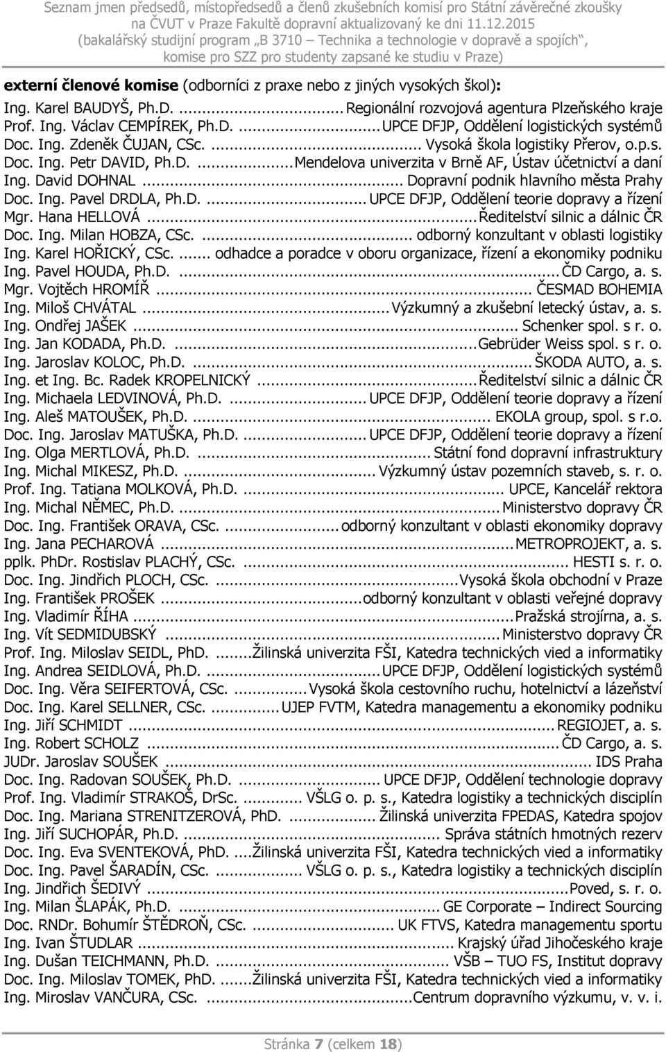 .. Dopravní podnik hlavního města Prahy Doc. Ing. Pavel DRDLA, Ph.D.... UPCE DFJP, Oddělení teorie dopravy a řízení Mgr. Hana HELLOVÁ... Ředitelství silnic a dálnic ČR Doc. Ing. Milan HOBZA, CSc.