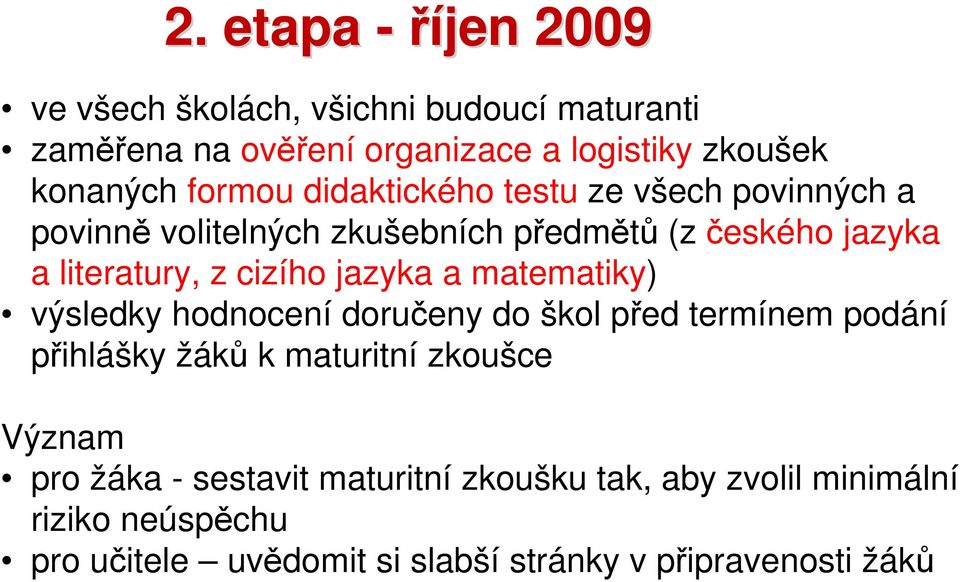 jazyka a matematiky) výsledky hodnocení doručeny do škol před termínem podání přihlášky žáků k maturitní zkoušce Význam pro žáka