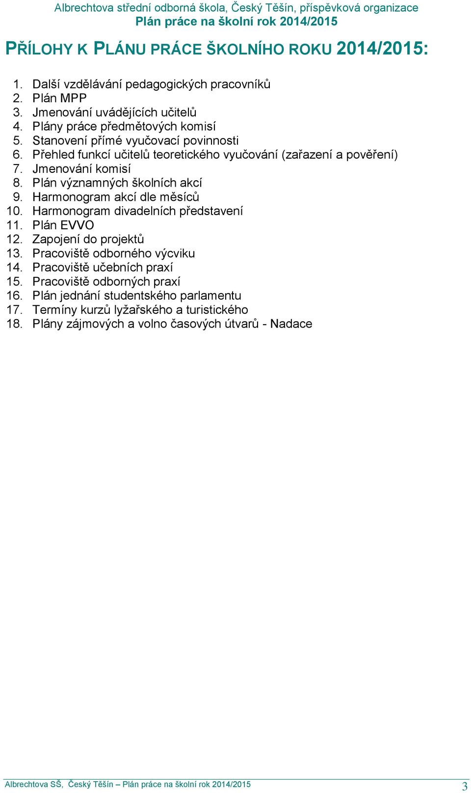 Harmonogram akcí dle měsíců 10. Harmonogram divadelních představení 11. Plán EVVO 12. Zapojení do projektů 13. Pracoviště odborného výcviku 14. Pracoviště učebních praxí 15.