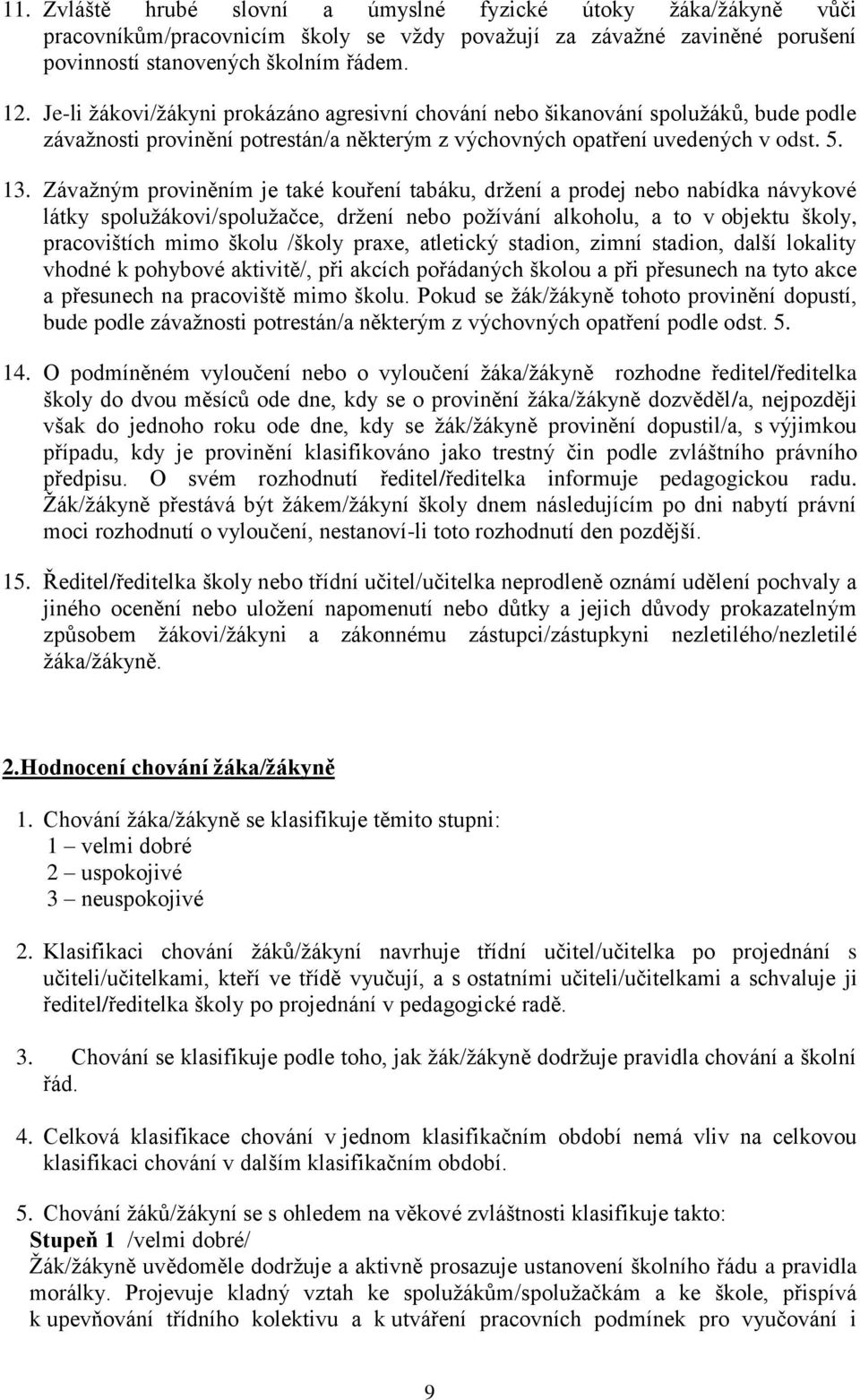 Závažným proviněním je také kouření tabáku, držení a prodej nebo nabídka návykové látky spolužákovi/spolužačce, držení nebo požívání alkoholu, a to v objektu školy, pracovištích mimo školu /školy