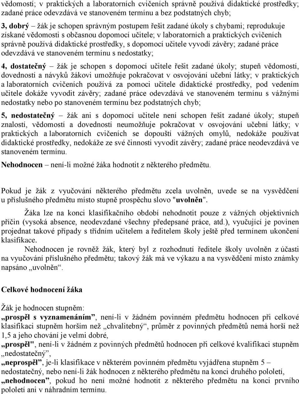 vyvodí závěry; zadané práce odevzdává ve stanoveném termínu s nedostatky; 4, dostatečný žák je schopen s dopomocí učitele řešit zadané úkoly; stupeň vědomostí, dovedností a návyků žákovi umožňuje