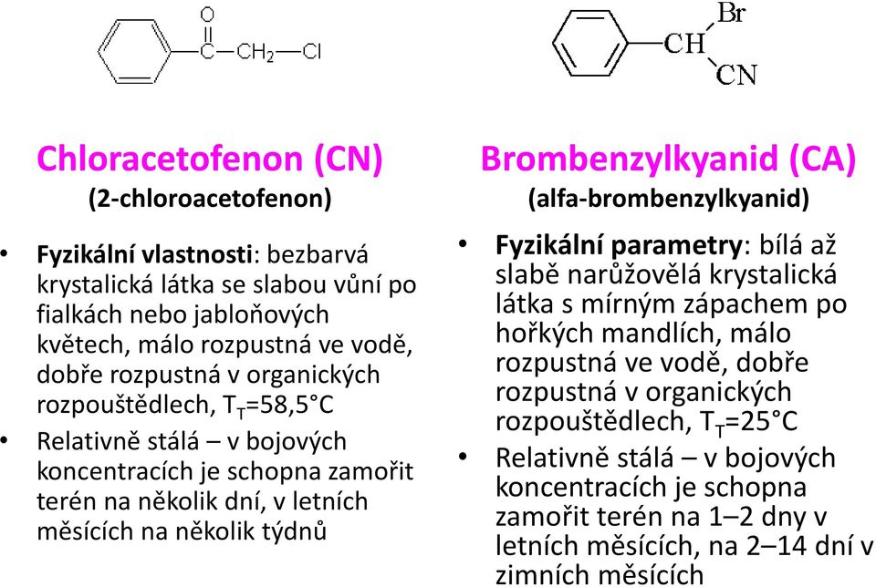 Brombenzylkyanid (CA) (alfa-brombenzylkyanid) Fyzikální parametry: bílá až slabě narůžovělá krystalická látka s mírným zápachem po hořkých mandlích, málo rozpustná ve vodě,